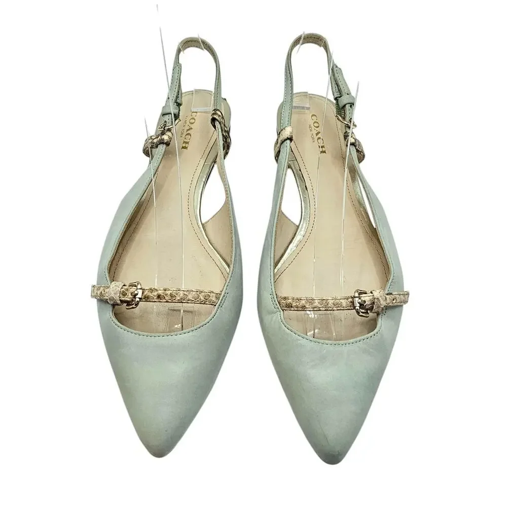 Coach Wooster Blue Green Snakeskin Leather Slingback Pointed Toe Flats - Picture 4 of 11